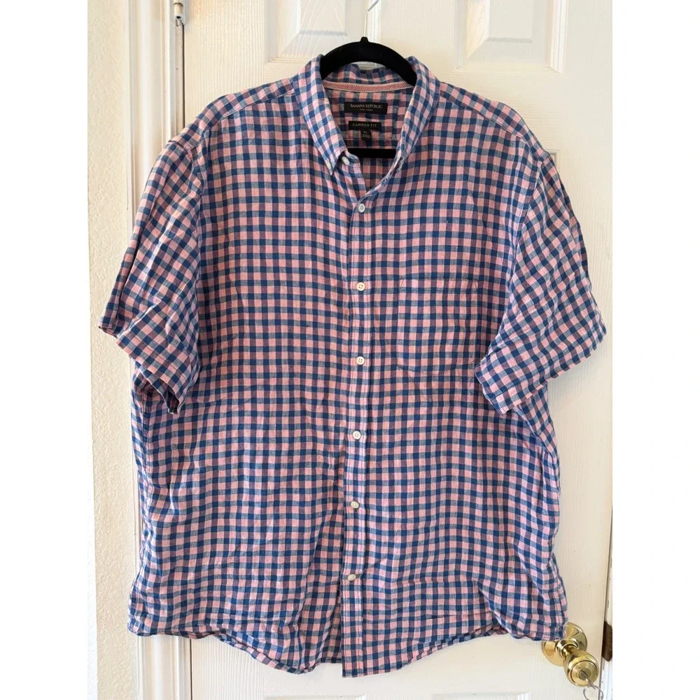 Banana Republic Camden Fit 100% Linen Pink Blue Gingham Plaid Button Shirt XL